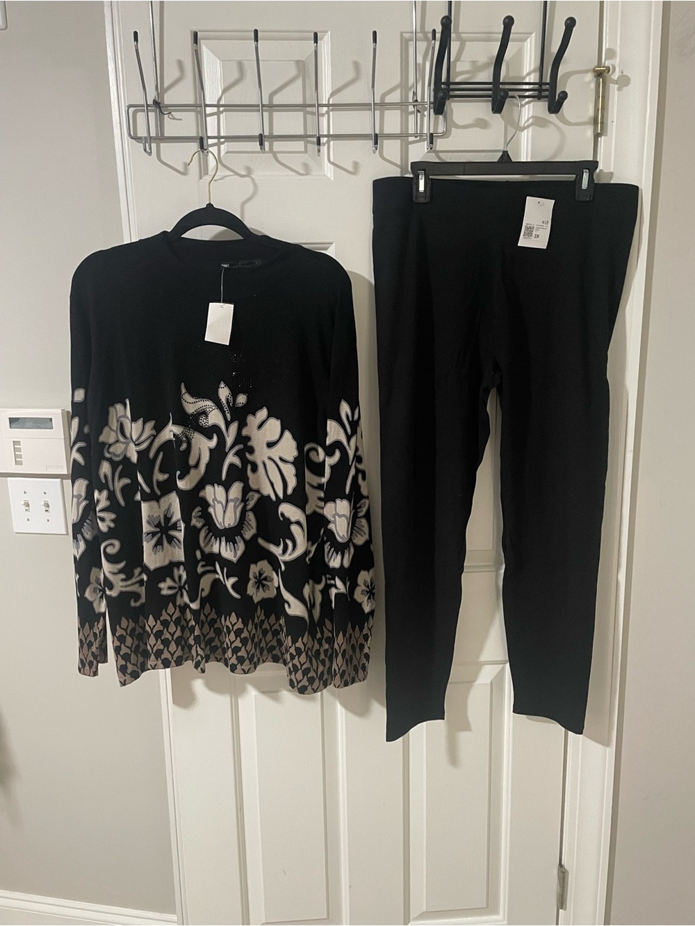 Black Floral Knit Sweater & Black Pants Set